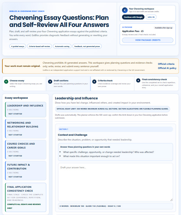 GoBliss Chevening Essay Coach showing structured essay planning and self-review